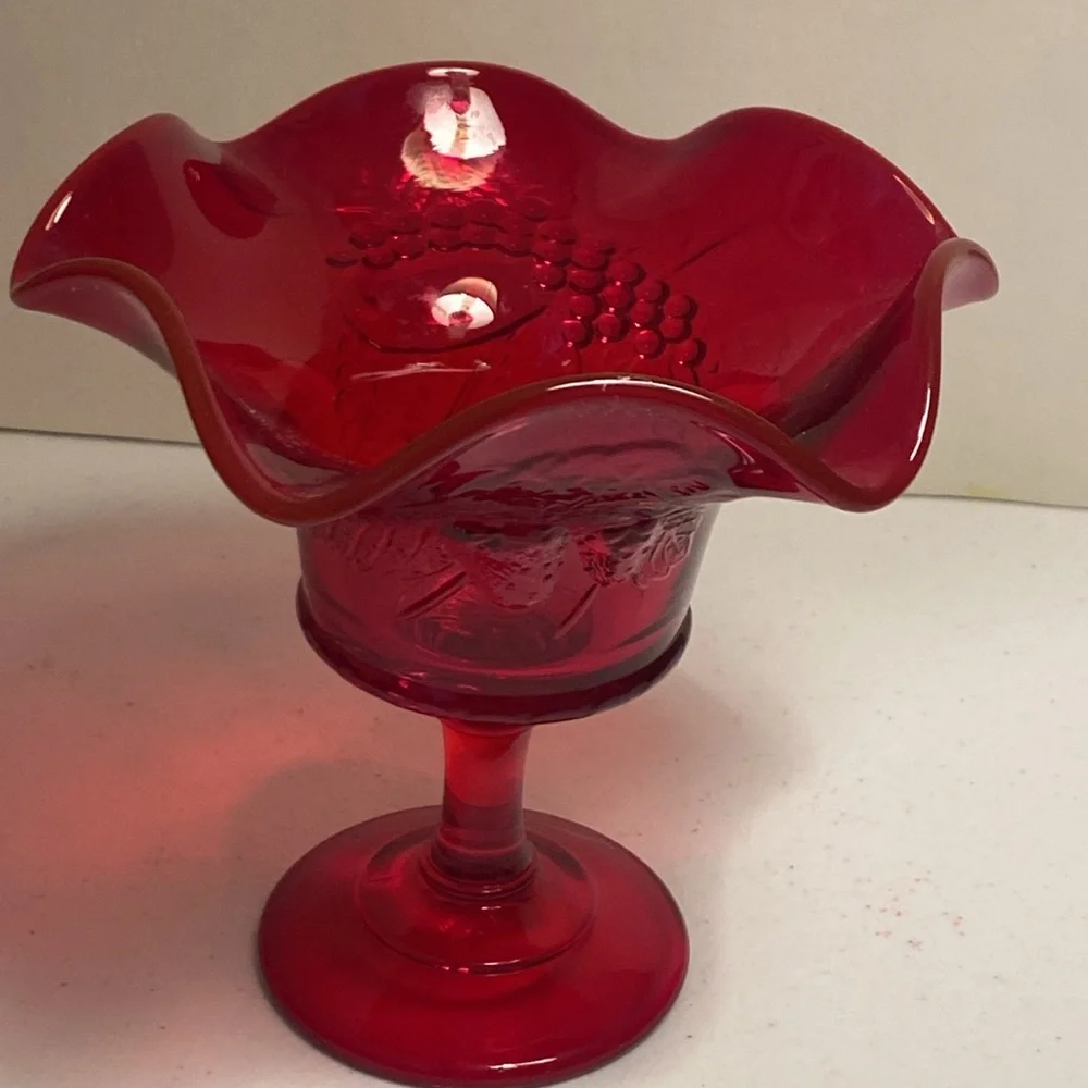 Ruby Red Ruffled Compote with Fruit Design - Picture 2 of 10